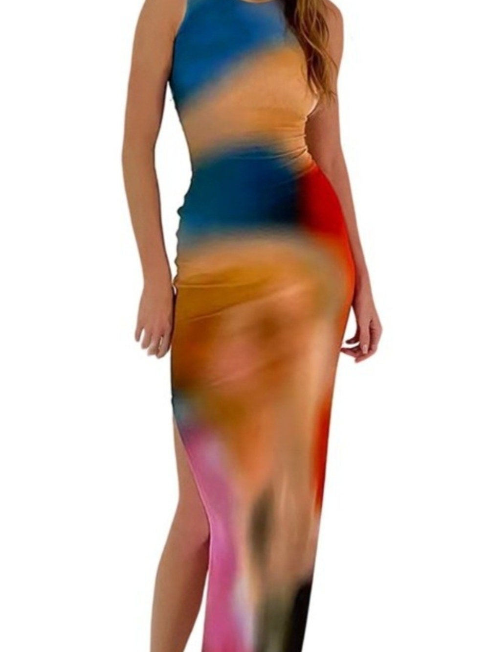Tie Dye Bodycon Maxi Dress Sleeveless Tank Wrap Split Y Long Dresses